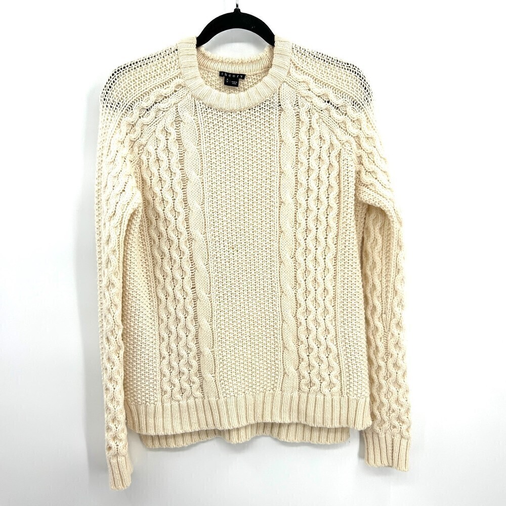 THEORY Cream 100% Wool Twisting Cable Knit Crew Neck Sweater Size Small